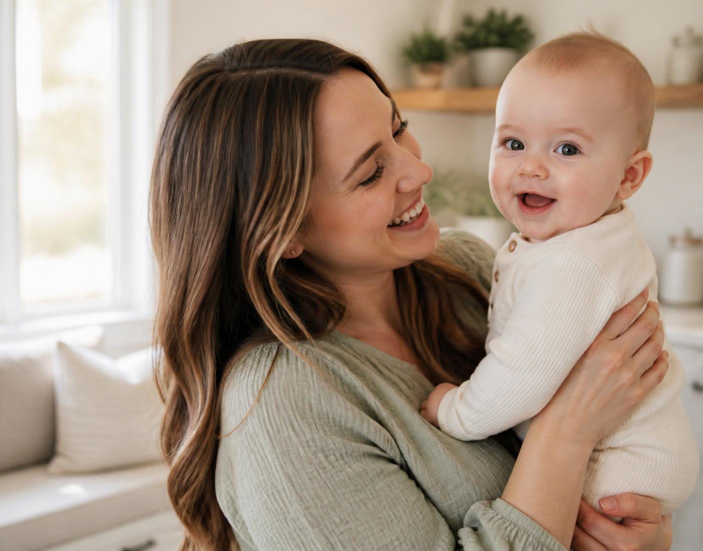 A parent smiling while holding their baby at home